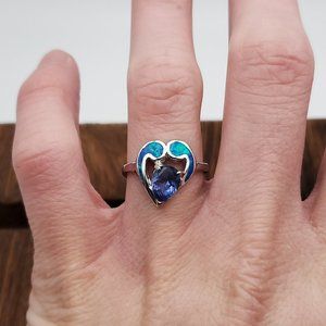 Size 7 925 Sterling Silver Fancy Purple Cubic Zirconia And Blue Green Opal Ring